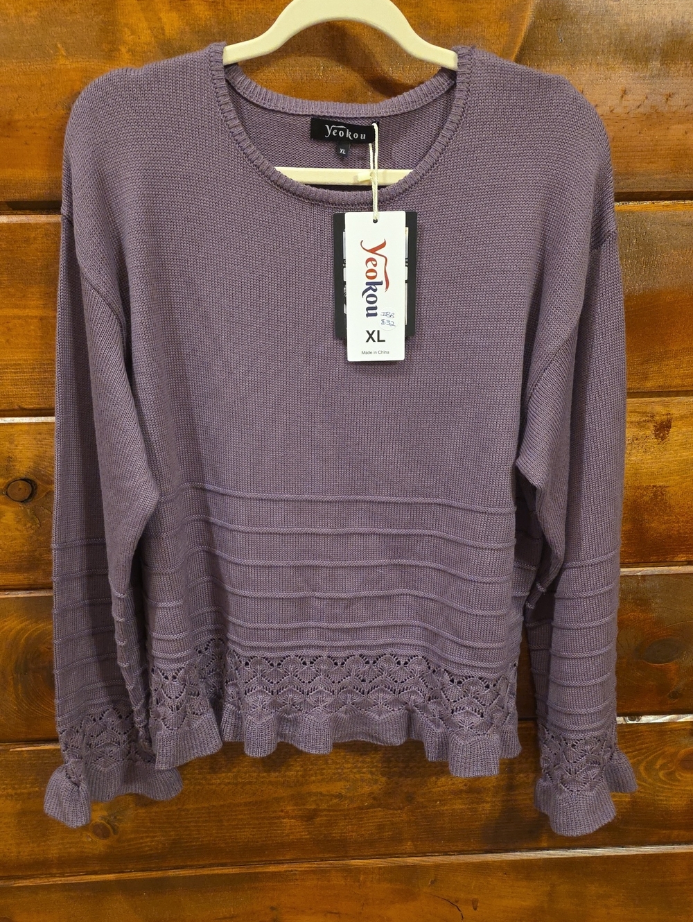 Yeokou Lavender Knit Crewneck Sweater with Scalloped Hem